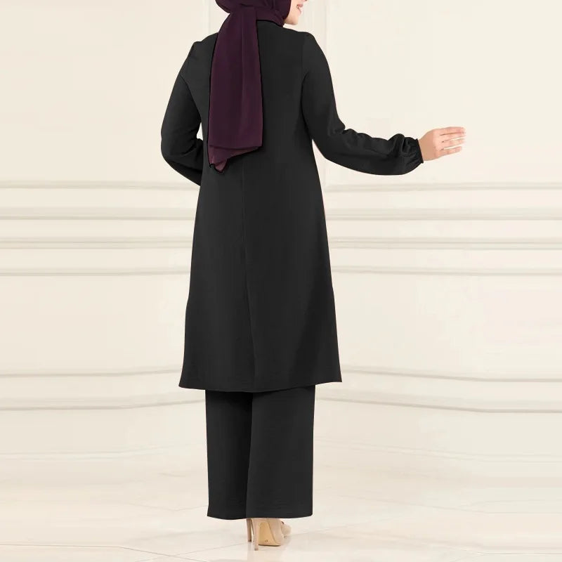Islamic Fashion Clothing Suits for Women Spring Autumn Solid Color Elegant Abaya Long-sleeved Shirt Loose Wide-leg Pant Muslim
