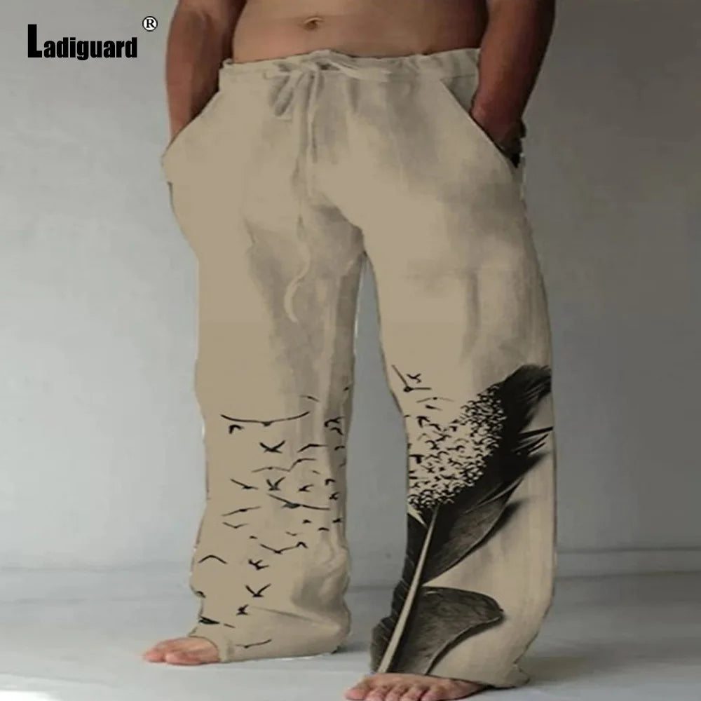 Plus Size 5xl Mens Loose Pants 2025 Summer Casual Linen Pants Male Fashion Print Trouser Men Patchwork Drawstring Leisure Pant