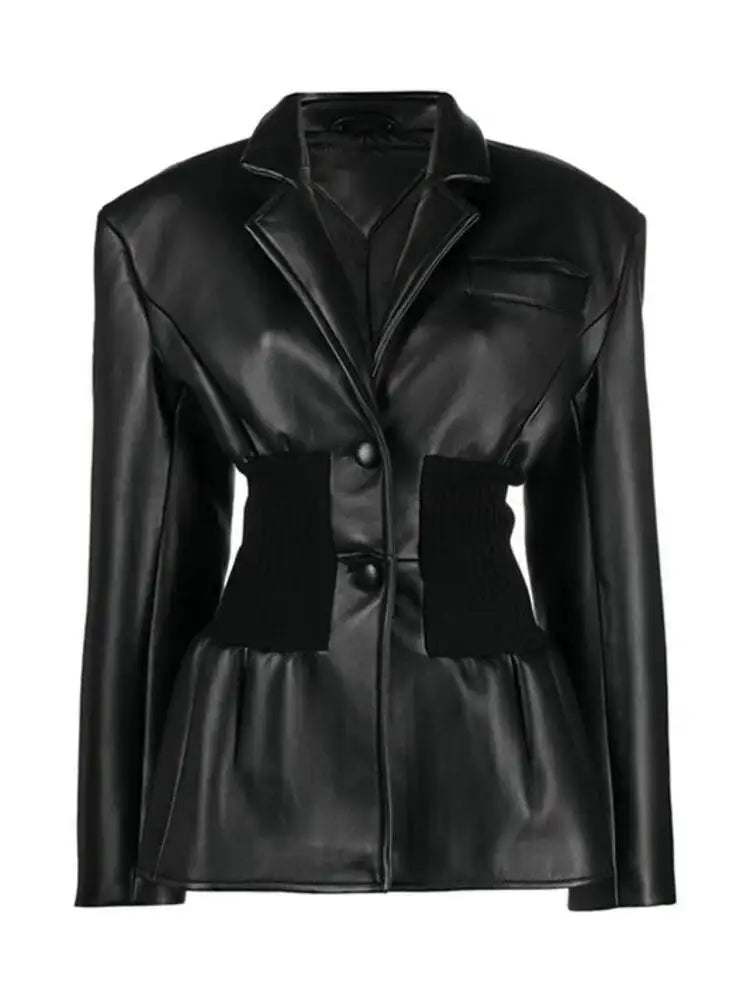 DEAT Fashion Women's Blazer Notched Collar PU Patchwork Knitted Super Waist Silhouette Suit Jackets Spring 2025 New 17A2010H