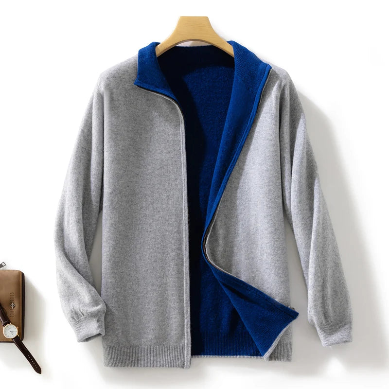 Men 100% Merino Wool Sweater Zipper Cardigan Wear Both Sides Autumn Winter Thick Warm Casual Cashmere Jumper Knitwear Coat Tops