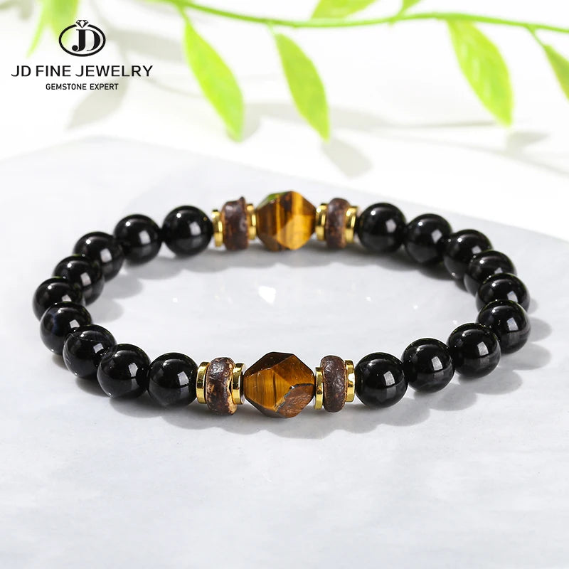 JD Natural Stone Black Agate Yellow Tiger Eye Faceted Bead Strand Bracelet Women Men Bohe Style Yoga Healing Energy Jewelry