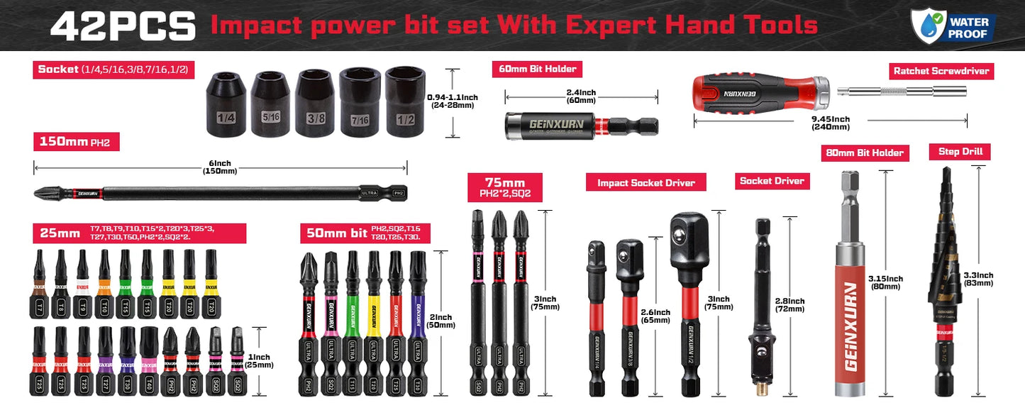 Geinxurn 42Pcs Tools Set Packaged with Rachet Screwdriver  Handle, s2  Screwdriver Bits and Hold Bit for Home Repairs DIY