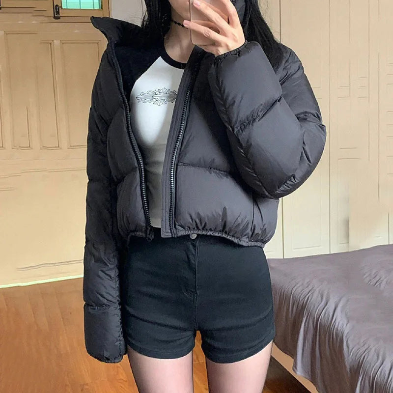 Casual Cropped Parkas for Women Winter New Loose Stand Collar Thick Warm Quilted Jacket Versatile Zipper Long Sleeve Bread Coat