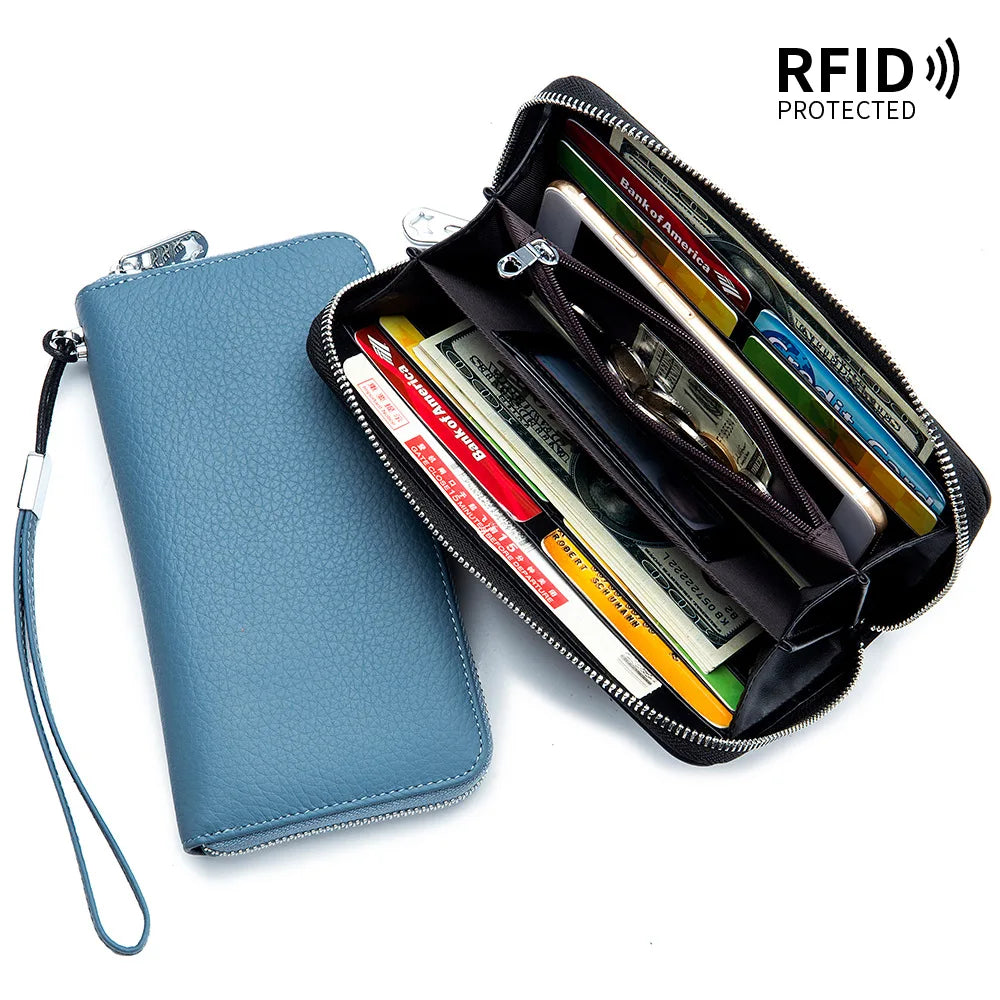 RFID Function Wallet for Women Geniune Leather Luxury Design Long Zipper Handbags Cowhide Card Bags Female Fashion Purse