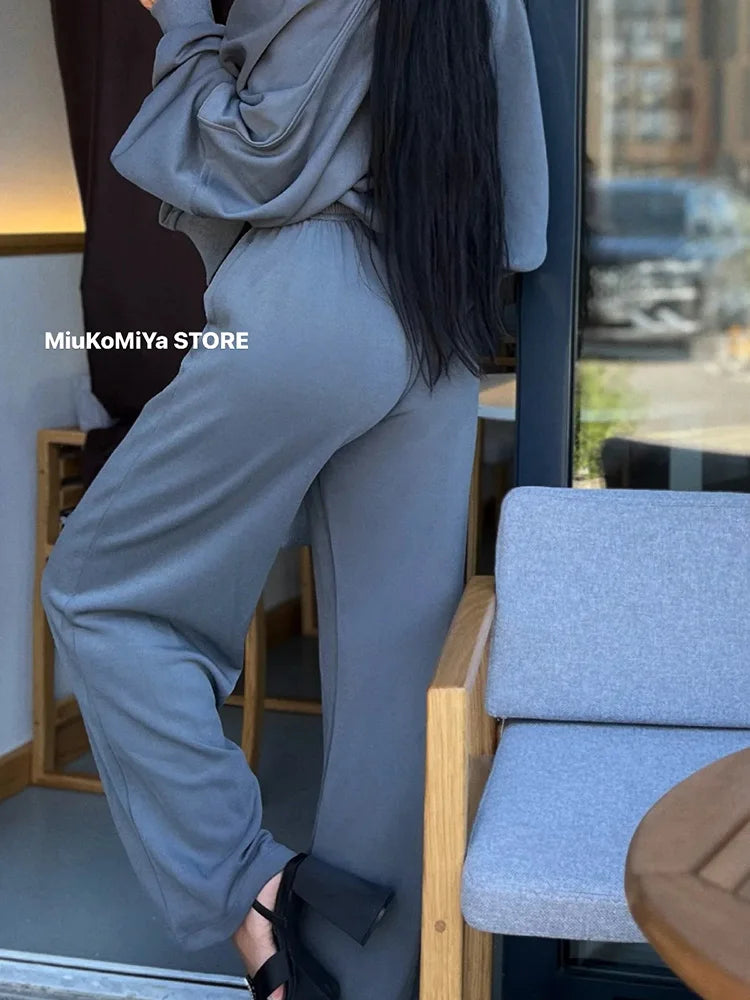 Gray Straight Pants Two Pieces Sets Women Outfit Long Sweatpants Street Wear Zipper Jacket Track Suits Sweatshirt Sets For Women