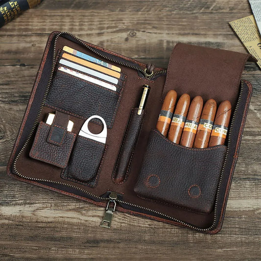 Vintage Portable Cigar Travel Humidor Case with Cigar Cutter Holder Multi-Function Card Storage Wallet Bussiness Gift for Men