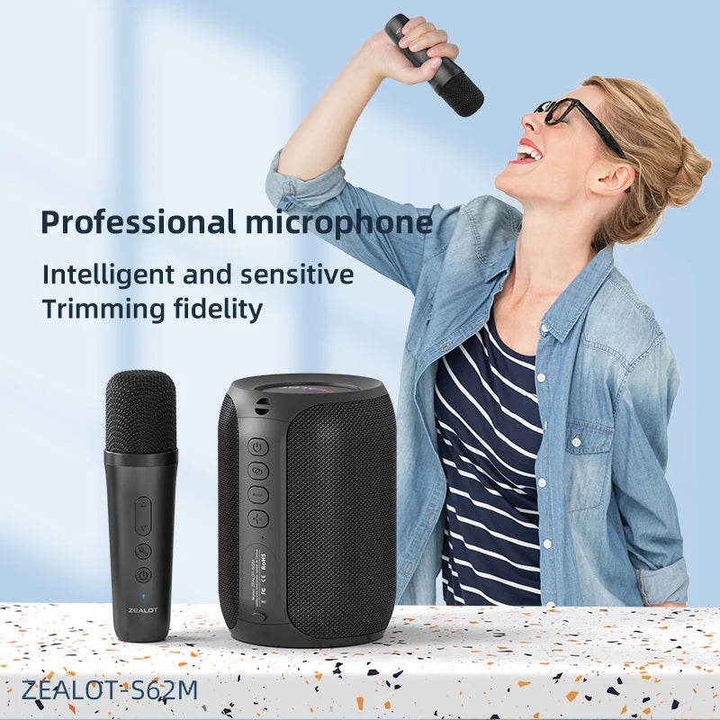 ZEALOT-S62M Karaoke Machine Portable Bluetooth 5.3 Speaker System with 1-2 Wireless Microphones Home Family festival Gifts