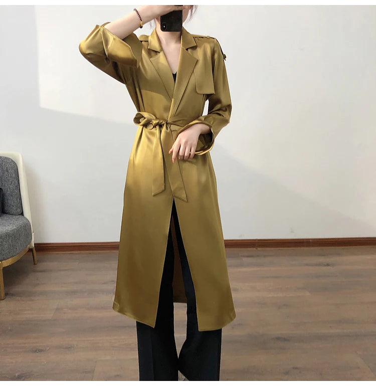 Lautaro Spring Autumn Long Soft Luxury Elegant Flowy Satin Acetate Trench Coat for Women High Quality Chic British Fashion 2022