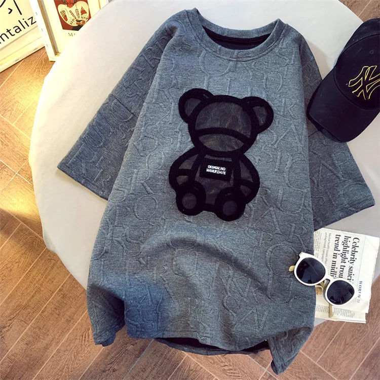 CGC Korean Fashion Women Oversized T-shirt Casual Bear Printing Short Sleeve Tees Summer Female Loose Tops Simple O-Neck T-shirt