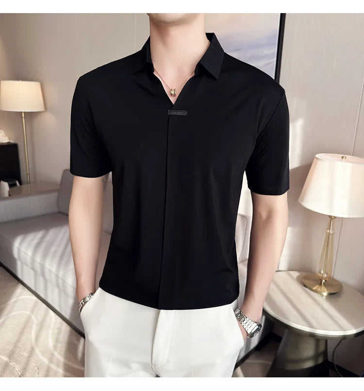 Luxury Purple Polo Shirts For Men High Quality Summer Short Sleeve Men's Polos Ice Silk Elastic Slim Fit Turn Down Collar Tees
