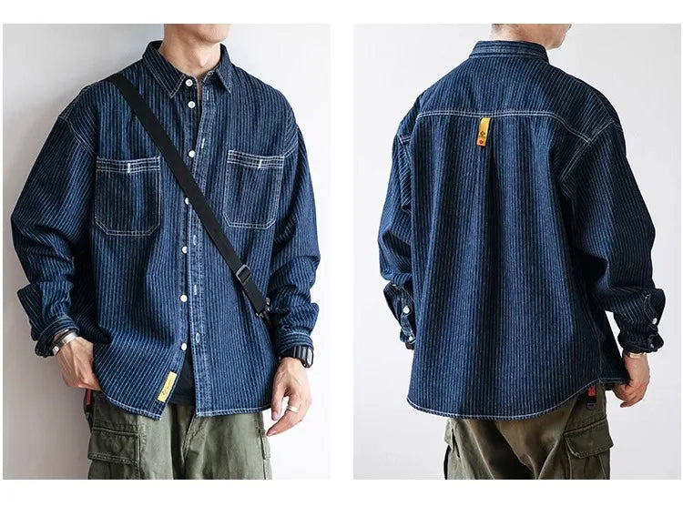 Retro Striped Loose Fit Long Sve Collared Men's Denim irt Spring Faion Workwear Jaet Youthful Wear Resistant Chinese...