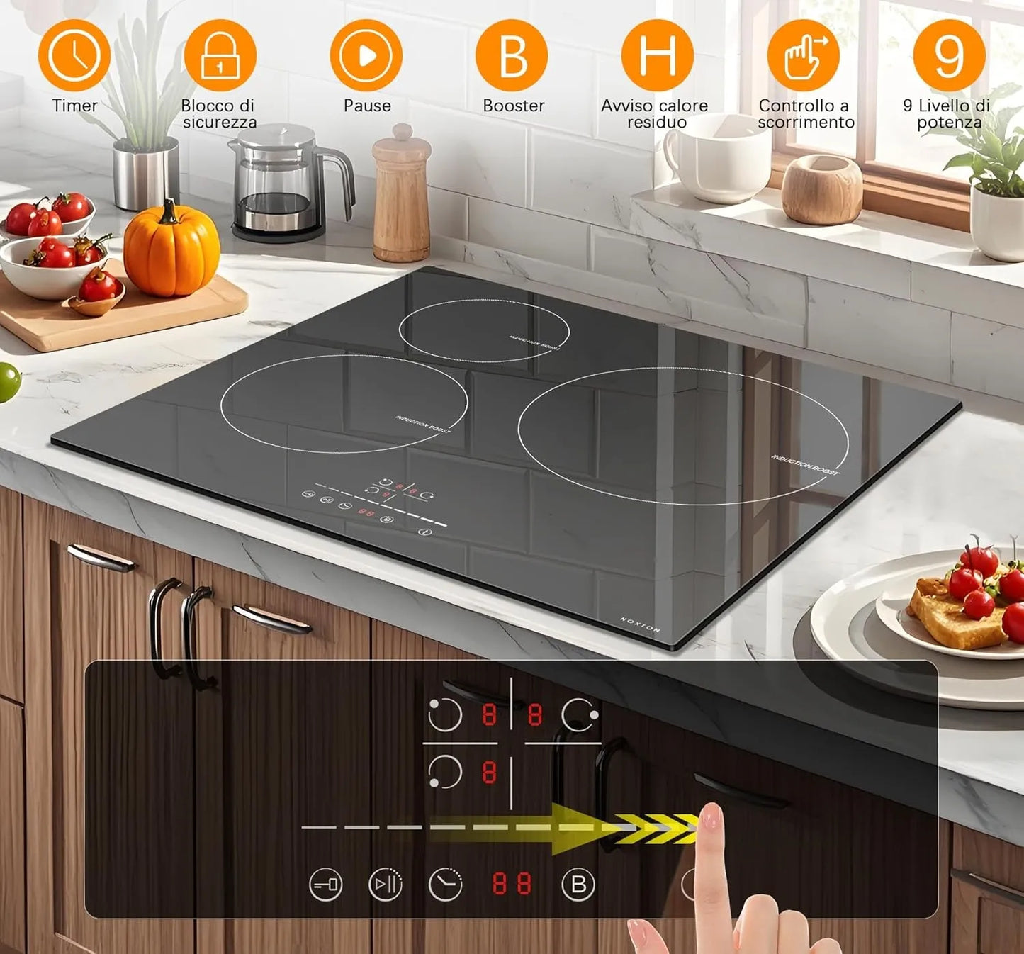 NOXTON Induction Hob 3-Burner, 60cm Built in Induction Hob, Electric Hob with Touch Control, Timer, Safety Lock, 5200Watts, wi