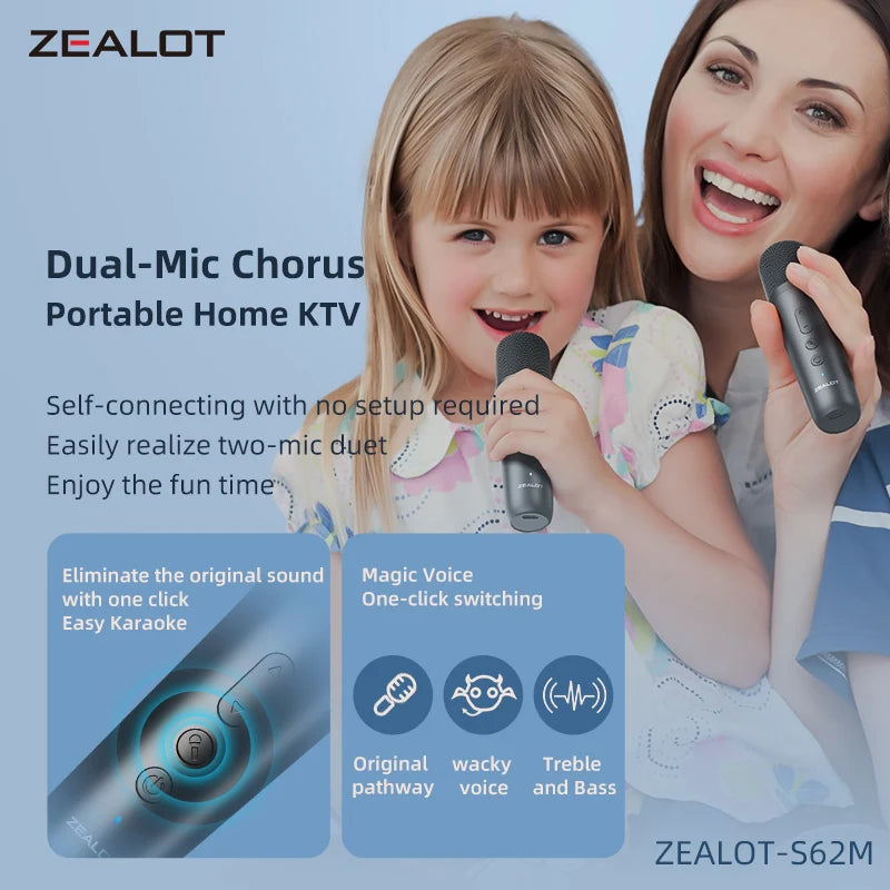 ZEALOT-S62M Karaoke Machine Portable Bluetooth 5.3 Speaker System with 1-2 Wireless Microphones Home Family festival Gifts