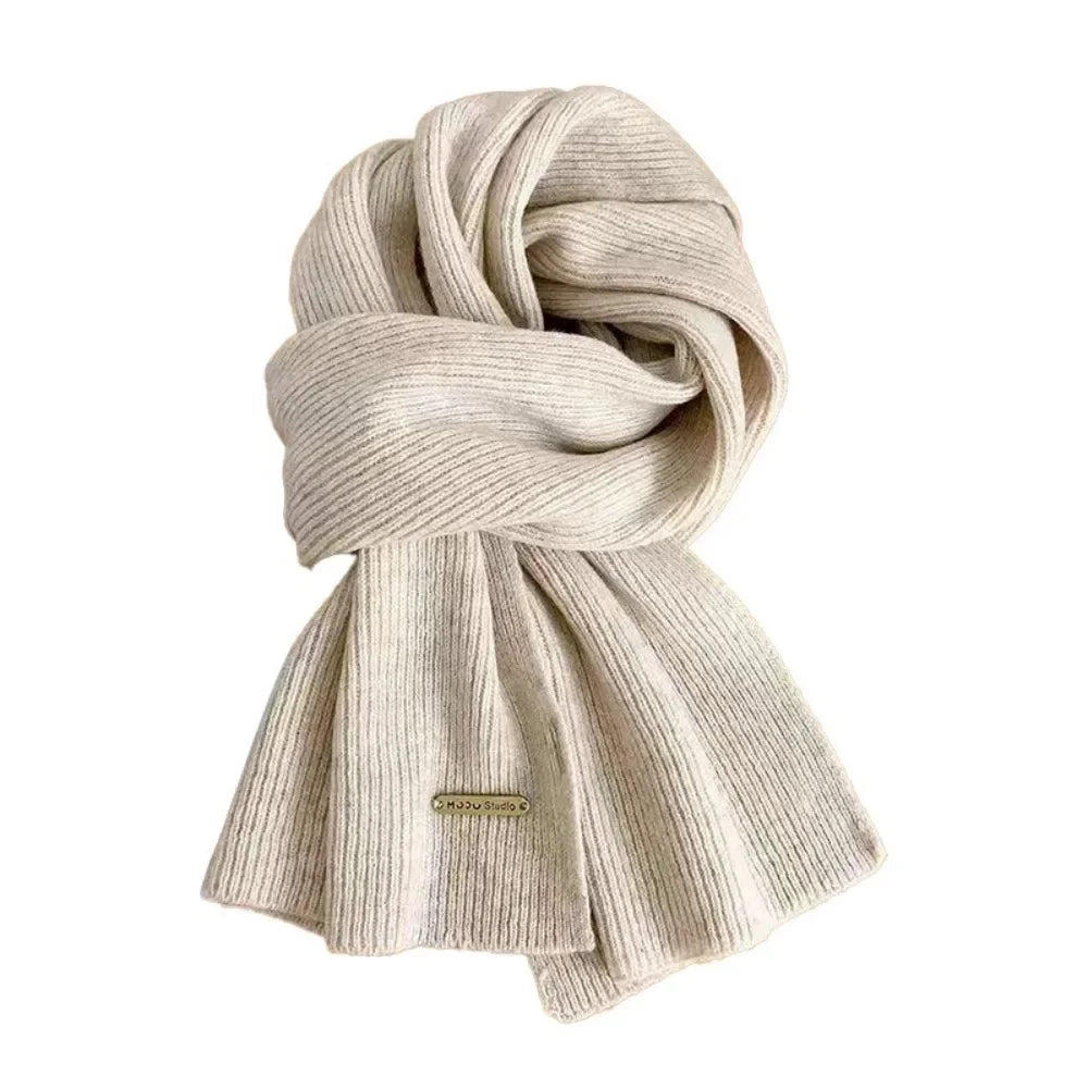 New Korean Style Thick Warm Metal Logo Long Scarf Winter Knitted Solid Color Womens Scarf