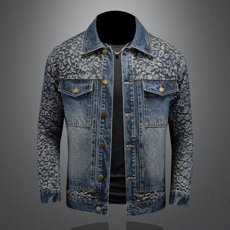 High Quality Jacquard Spliced Denim Jacket for Men Casual Business Social Denim Social Streetwear Jacket Outwear Coat 2025