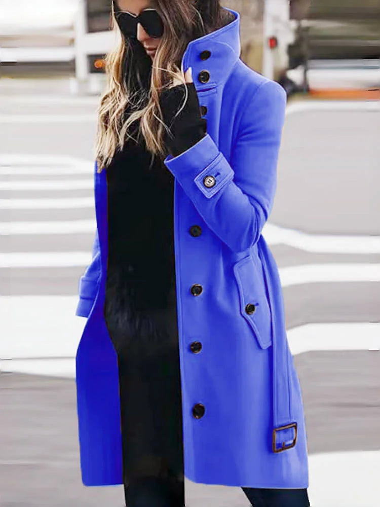 Women's Wool Blend Coat Winter Warm Single Breasted Jacket with Turn-down Collar Long Outerwear Female Clothing