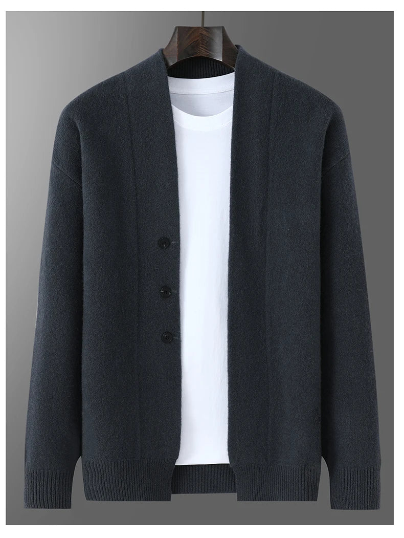 2025 Autumn Winter New Thick Cardigan 100% Pure Wool Men's Versatile Jacket V-Neck Loose Casual Highend Knitted Cashmere Sweater
