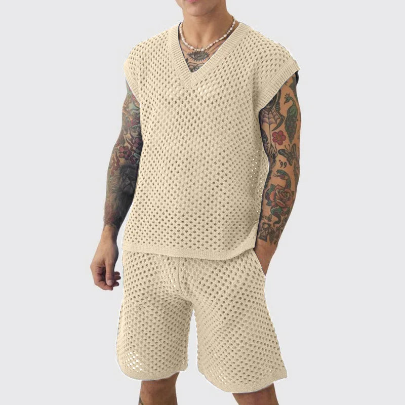 New Men's Summer Casual Knit V Neck Two-piece Sets Fashion Solid Loose Tank Tops and Shorts Sport Suit Men Hollow Out Streetwear