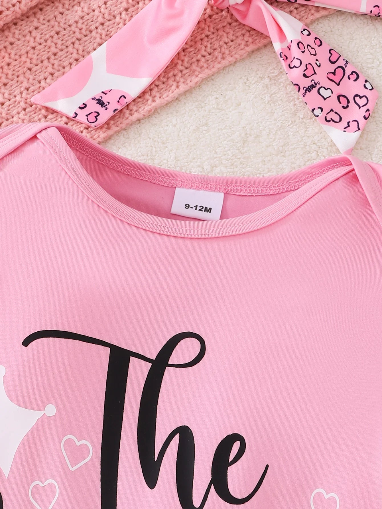 Girls Spring Autumn Casual Long Sleeve Letter Print Pink Triangle Romper Full Print Long Pants Headscarf Set