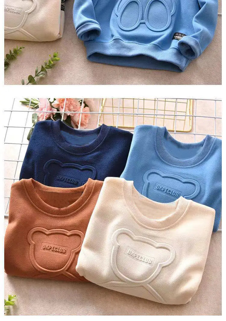 Boys' Sweatshirt for Spring and Autumn, New Embossed Stylish Versatile Long-Sleeve T-Shirt for Older Children, Korean Style Base Shirt for Kids