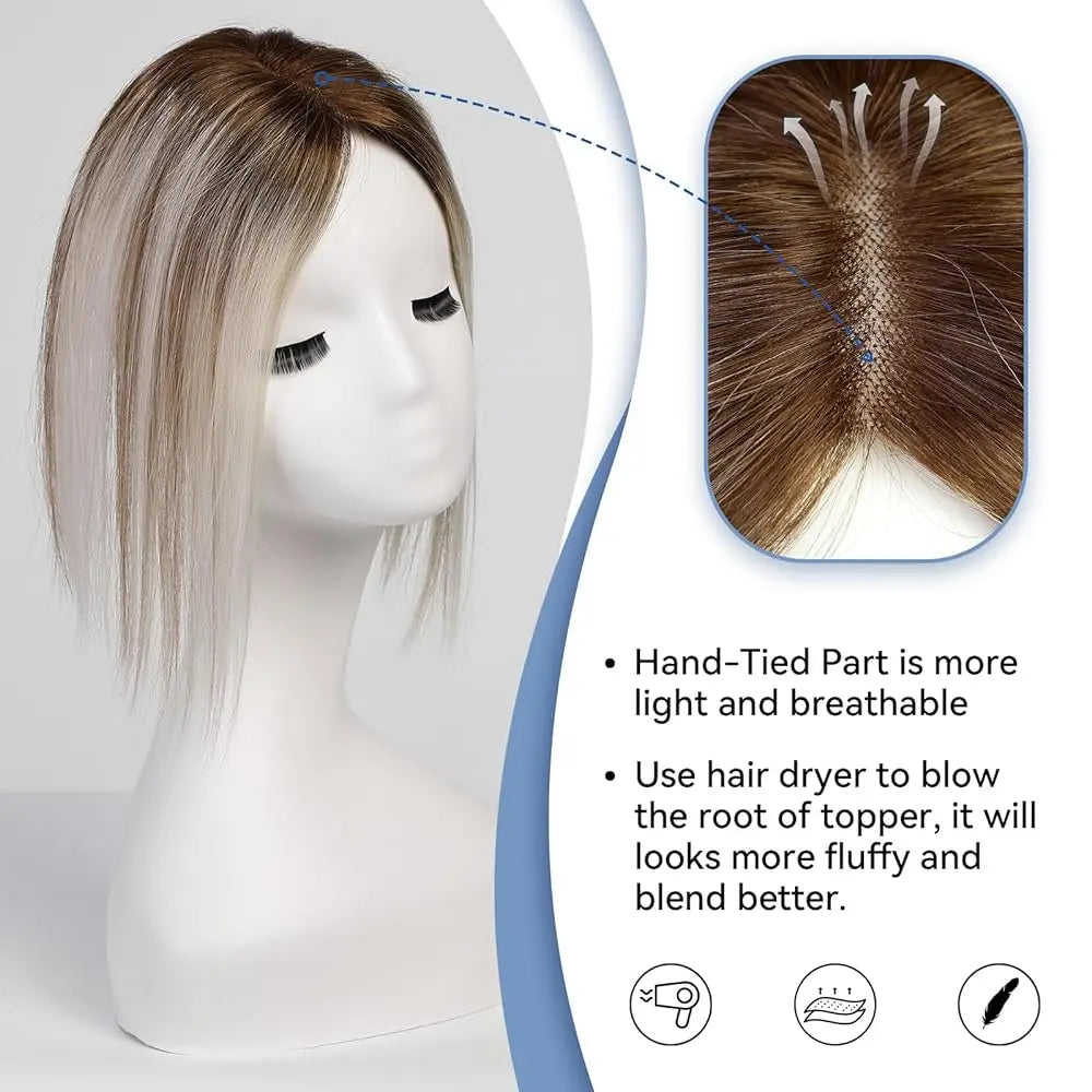 100% Real Human Hair Toppers for Women Ombre Brown Blonde Hair Topper 3.5*4 inch Lace Base Clip in Hair Extensions for Hair Loss