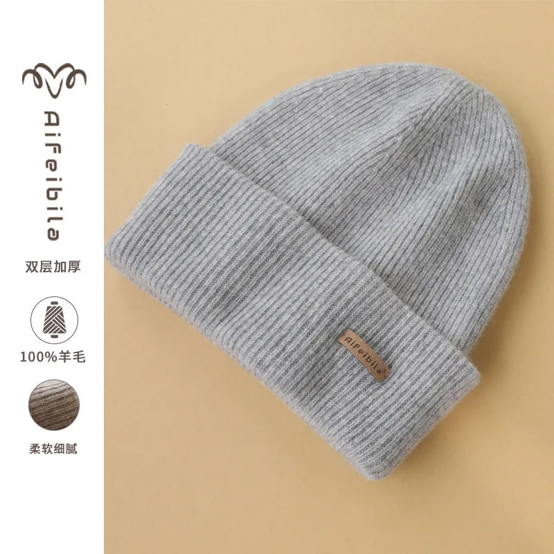 100% Merino Wool Double-Sided Beanie for Men Women Thick Soft Warm Winter Skull Caps Solid Color Knitted Beanies Hat