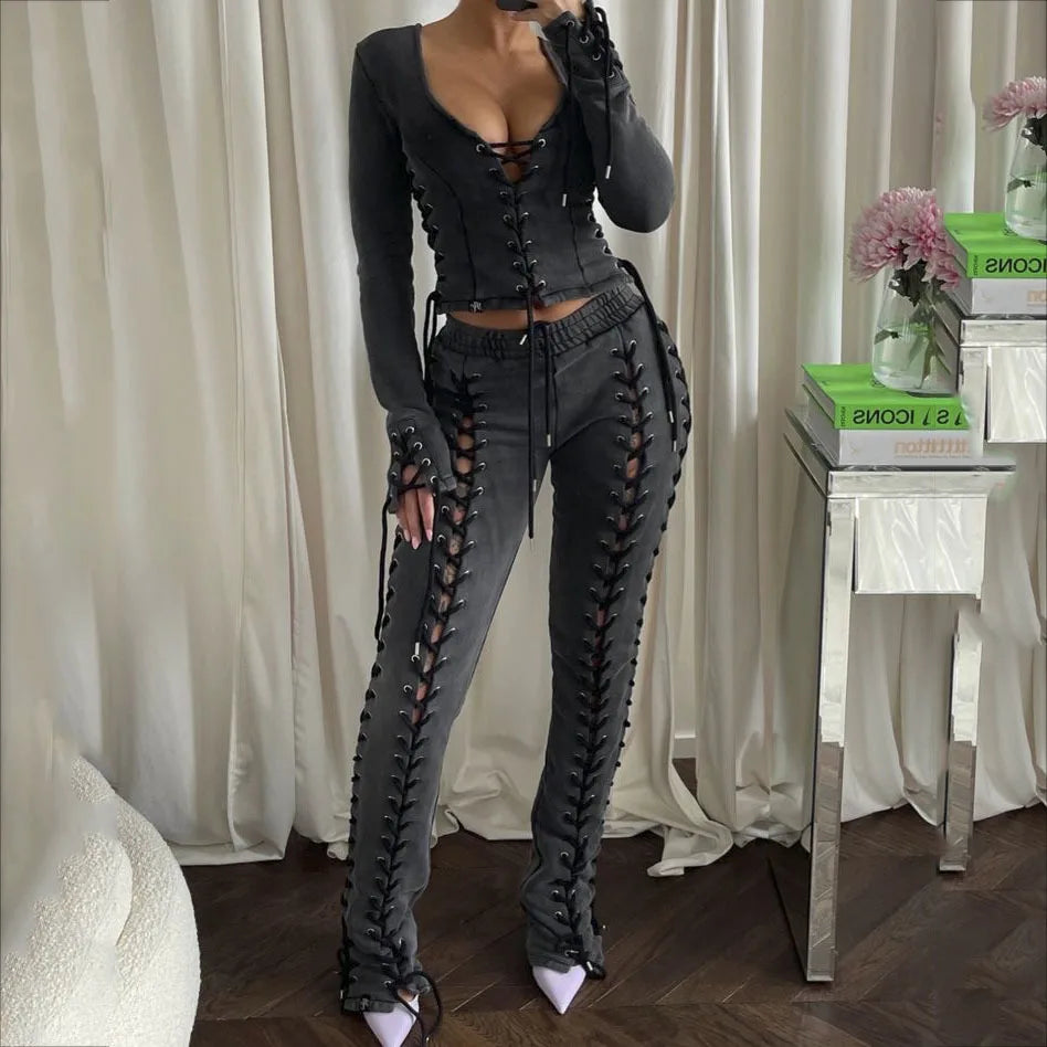 BoozRey Y2k Women Pants Streetwear Low Waist Pant 90s Vintage Clothes Skinny Slim Sexy Lace Up Hollow Out Straight Trousers