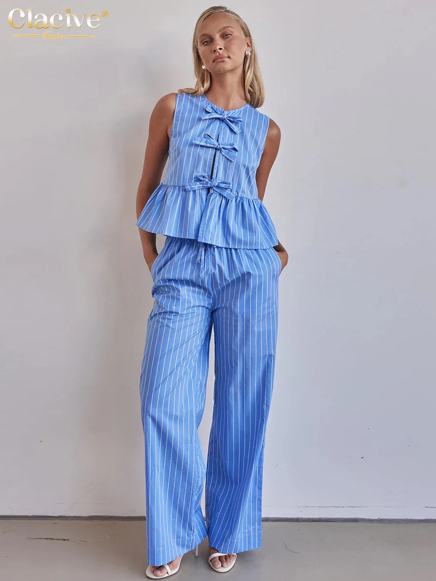 Clacive Summer Loose Blue Stripe 2 Piece Set Woman Outfit 2025 Fashion Sleeveless Tank Top With High Waist Wide Pants Set Female