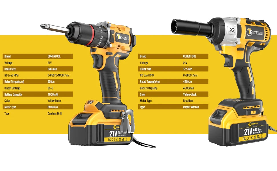 CONENTOOL 420N.m Brushless Electric Impact Wrench Screwdriver Power Tool Combination Drill Driver Set with LED Light 2pc Battery
