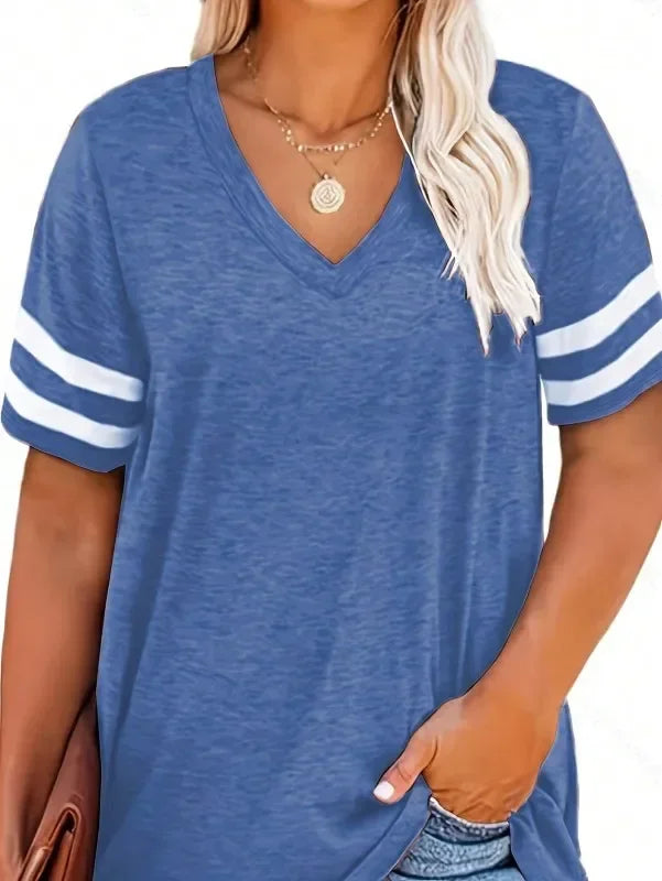 Women Fashion Plus Size V-neck Summer Color Blocked  T-shirt Summer Loose Top Short Sleeved Casual T-shirt 1XL-8XL