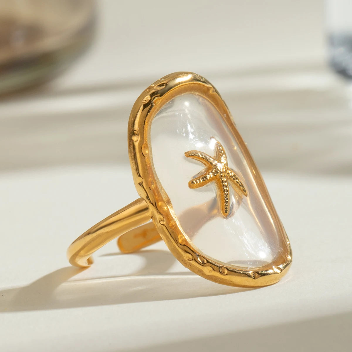 Oval Starfish 18K Gold Plated Stainless Steel Hammer Pattern Ocean Wind Open Ring Women Anti Allergic Charm Daily Jewelry