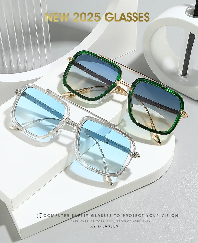Large Square Sunglasses Men Steampunk Style Metal Pilot Sun Glasses Luxury Designer Brand Eyewear Fashion Shades Double Beam