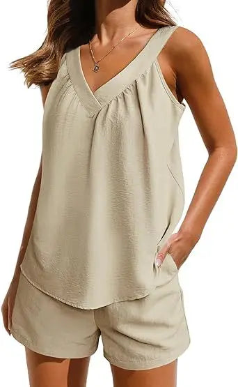 New Summer Women's 2-piece Set Pink V-neck Vest Elastic Pocket White Stylish Black Shorts Set