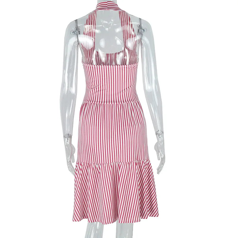 Women's Stripes Print Halterneck Sleeveless A-Line Mini Dress, Backless