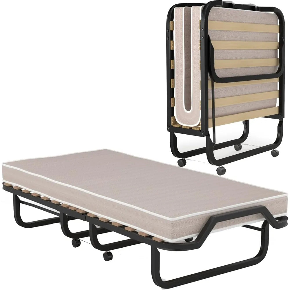 Folding Bed with 4 Inch Mattress, Foldable Rollaway Bed with Memory Foam Mattress for Adults, Portable Fold Up Guest Bed