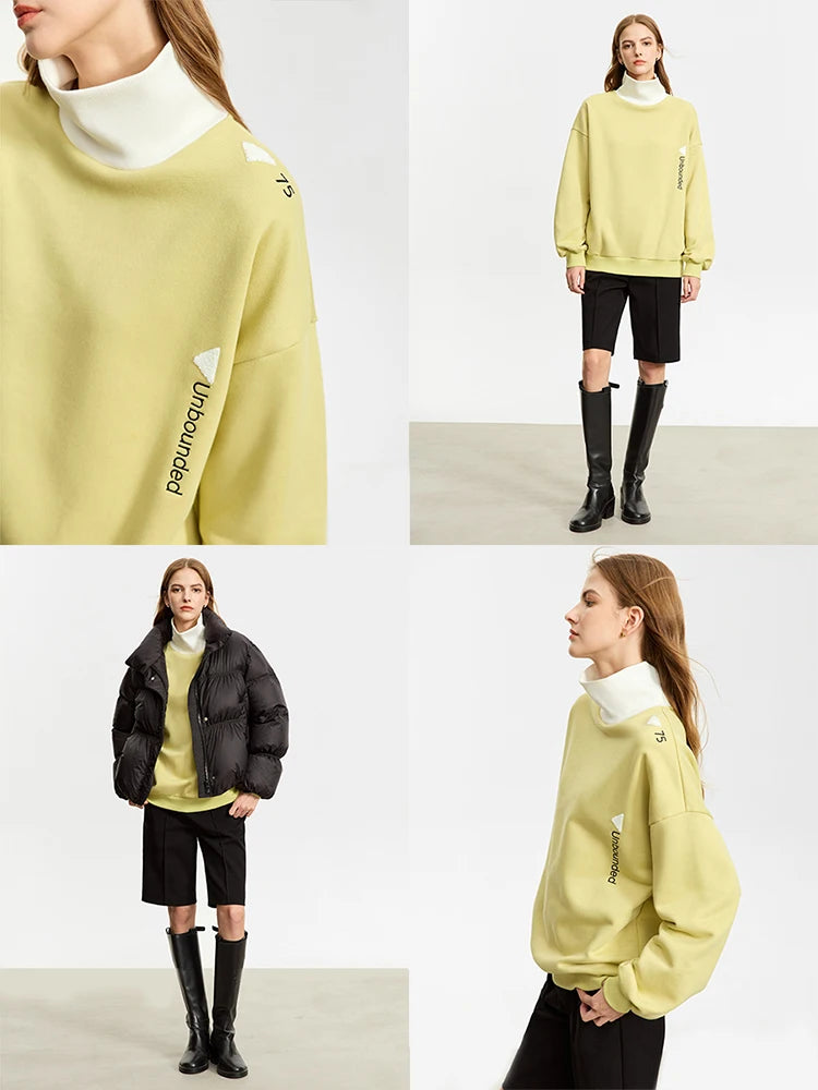 AMII Minimalist Preppy Style Embroidery Sweatshirt Women 2024 Autumn Lazy Loose Spliced Turtleneck Velvet Pullovers 12333011