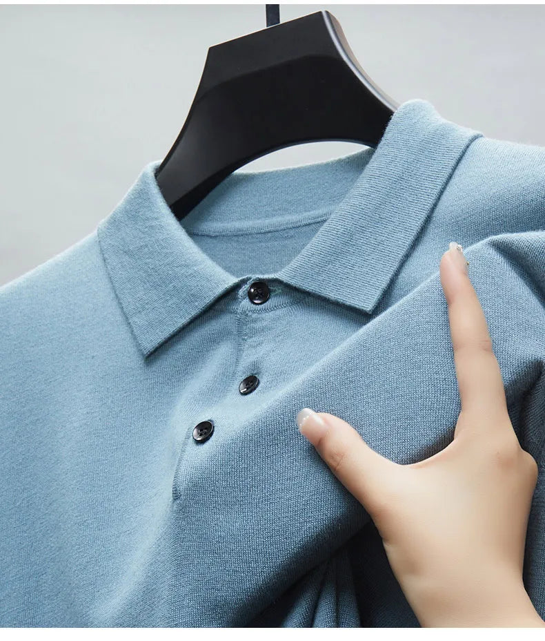Men's Fine Wool Sweater Polo Collar Pullover Spring Autumn New Cashmere Knitwear Smart Casual Loose Men's Shirts Warm Soft Tops
