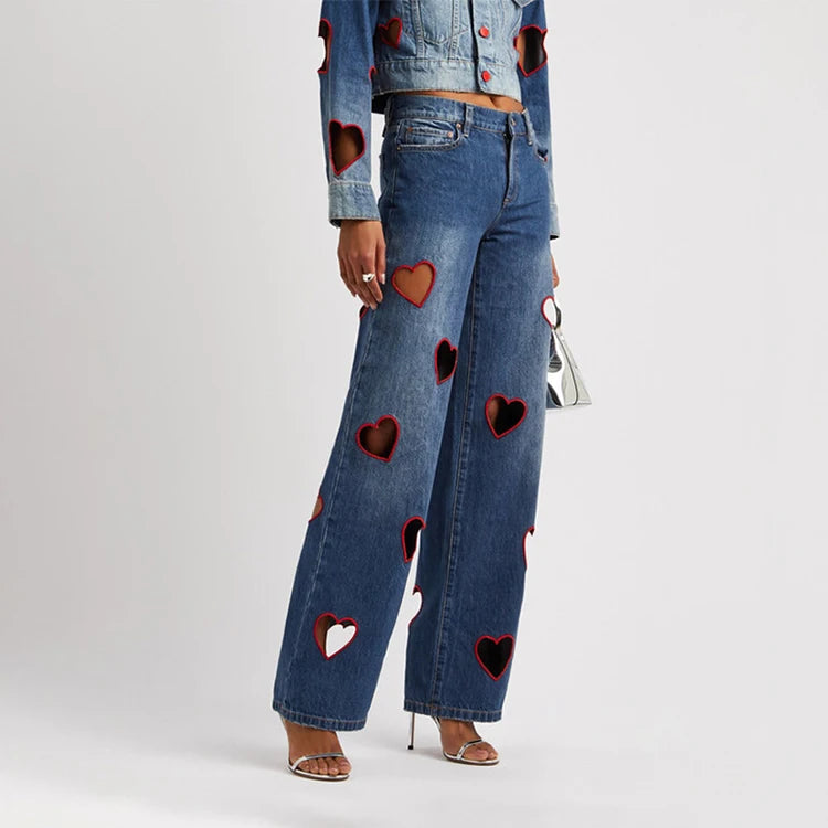 2025 Summer New Fashion Women's Jeans High Waist Straight Wide Leg Embroidery Heart Hollow Out Female Denim Pants