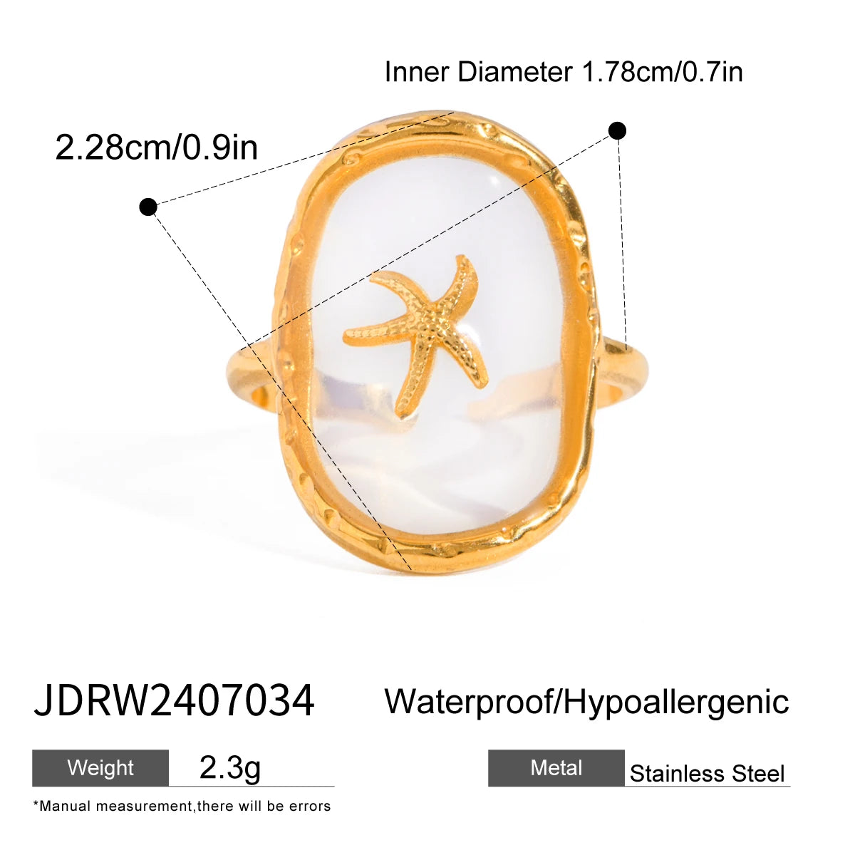 Oval Starfish 18K Gold Plated Stainless Steel Hammer Pattern Ocean Wind Open Ring Women Anti Allergic Charm Daily Jewelry