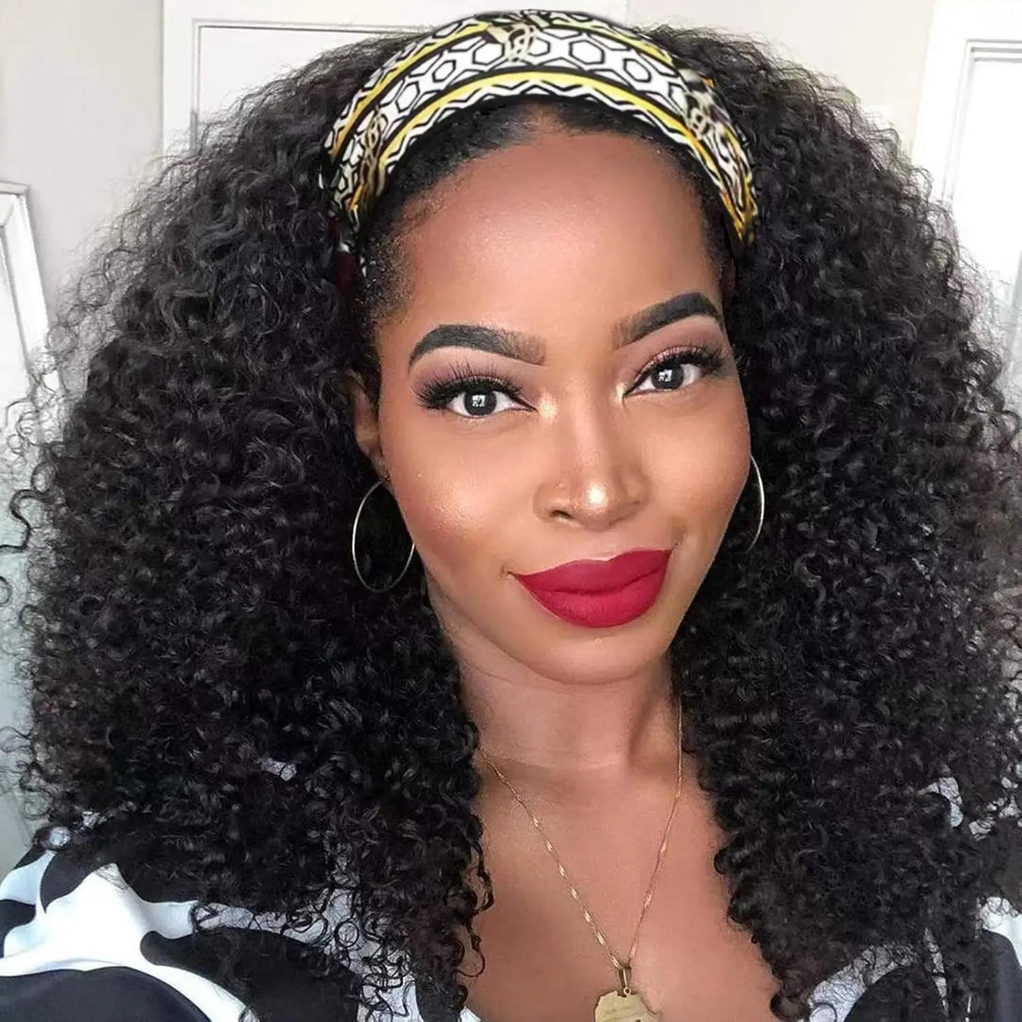 Kinky Curly Human Hair Wig 16 inch Natural Color No Gel Remy Hai Machine Made Headband Curly Scarf Wig for Black Women