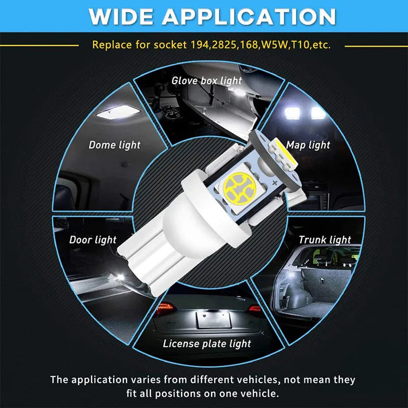 2x T10 W5W Car LED Interior Dome Reading Bulb Turn Signal Light Wedge Side Clearance Brake License Plate Luggage Trunk Lamp 12V