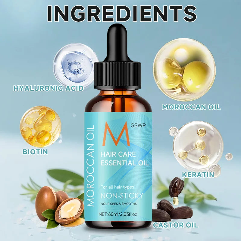 GSWP Moroccan Argan Oil Hair Oil deeply nourishes hair, leaving it smooth, shiny, and effectively tames frizz.60ml