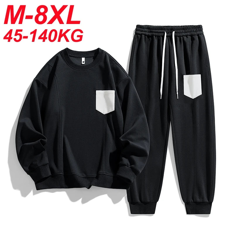 Plus Size Men 8XL Sweatshirts Set Pocket 6XL 7XL Oversized Jogging Streetwear Sport Street Male 2025 Long Sleeve Tops Pants Suit