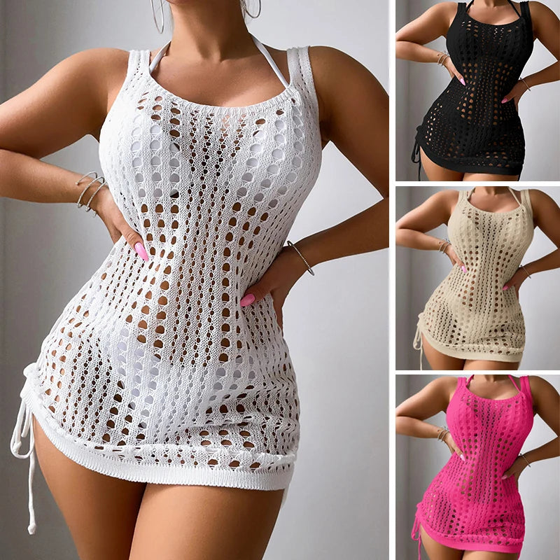 Women Knit Bathing Suit  Solid Color U-Collar Sleeveless  Dress Knitted Binding Rope Sunscreen Smock
