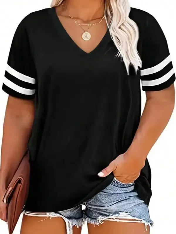 Women Fashion Plus Size V-neck Summer Color Blocked  T-shirt Summer Loose Top Short Sleeved Casual T-shirt 1XL-8XL