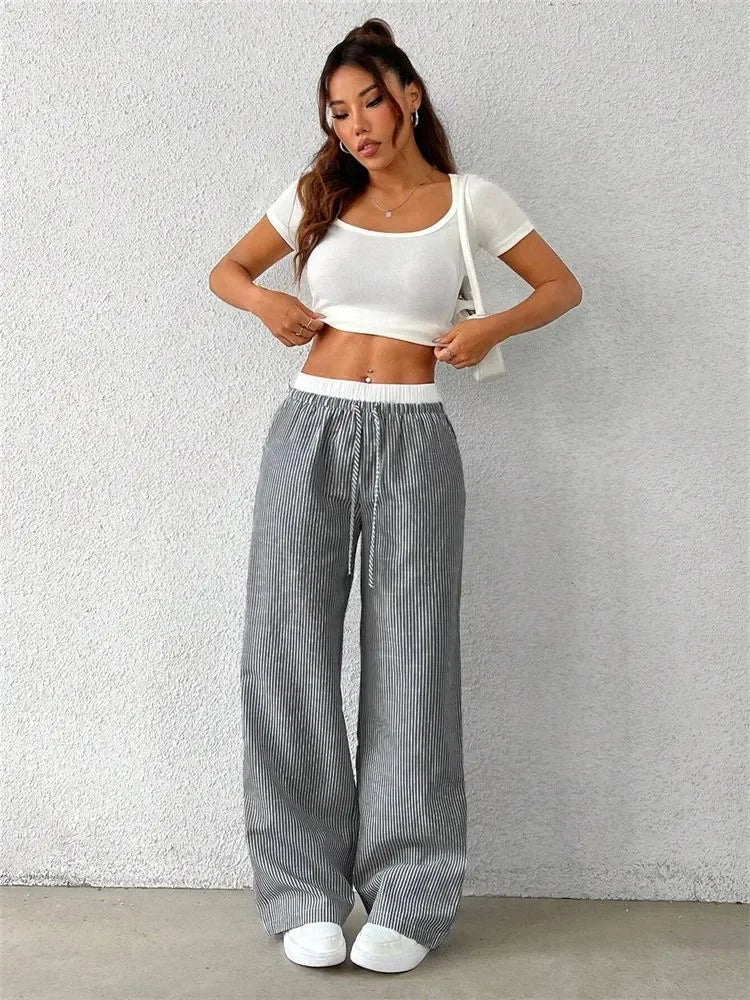 Casual Striped Woven Wide Leg Pants for Women Autumn Winter Casual Stylish Full Length Trousers Y2K Clothes Streetwear