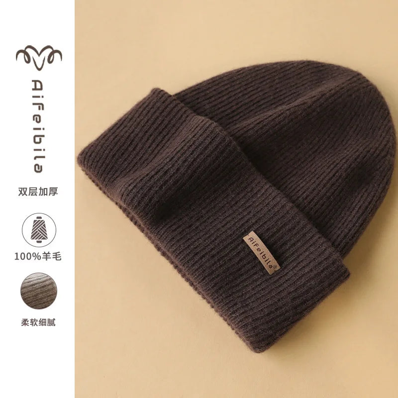 100% Merino Wool Double-Sided Beanie for Men Women Thick Soft Warm Winter Skull Caps Solid Color Knitted Beanies Hat