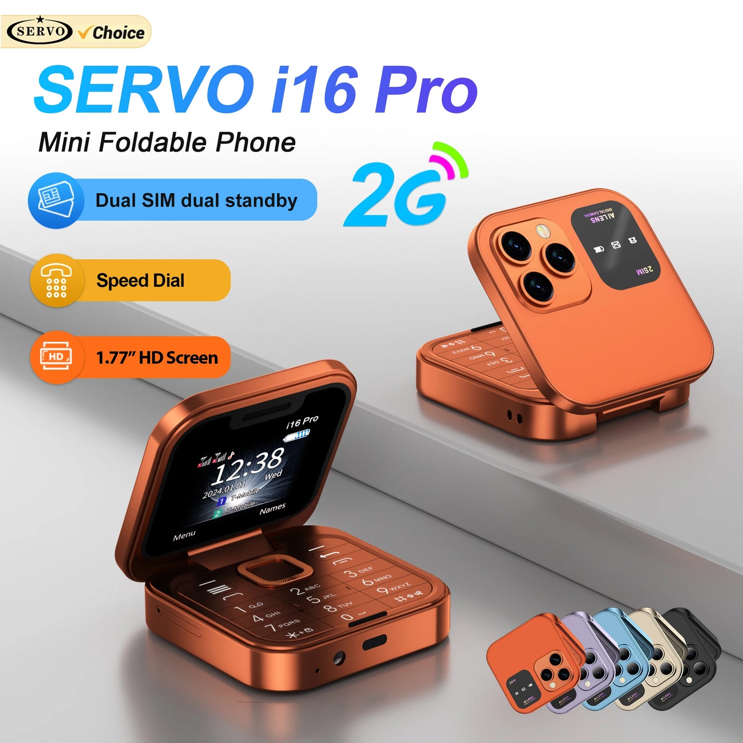 SERVO i16 Pro Mini Flip Mobile Phone Dual SIM Card Speed Dial Magic Voice Blacklist FM Radio 2G GSM Cute Foldable Cellular Phone
