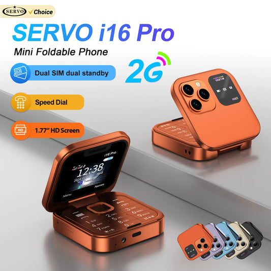 SERVO i16 Pro Mini Flip Mobile Phone Dual SIM Card Speed Dial Magic Voice Blacklist FM Radio 2G GSM Cute Foldable Cellular Phone