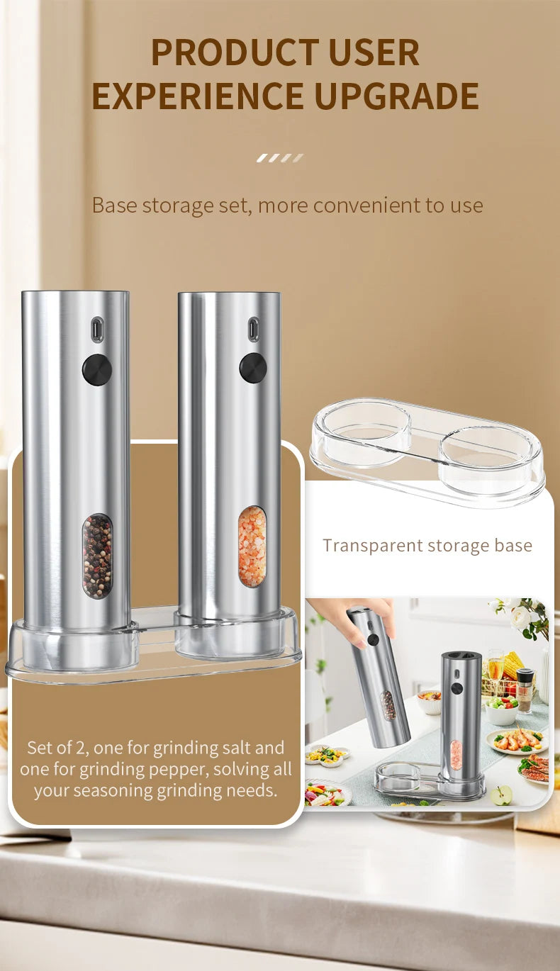 Rechargeable Electric Salt and Pepper Grinder Set Stainless Steel Pepper Mills Adjustable Coarseness Power Grinder Kitchen Tools